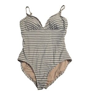 Kona Sol Womens Black White Striped One Piece Swimsuit‎ V-Neck Padded Size Large